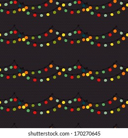 Seamless pattern with colorful childish light bulb garland on polka dot background. Hand drawn doodle texture.