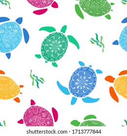 Seamless pattern with colorful childish style turtles. Funny bright animals swimming in ocean, sea. Cool wallpaper or wrapping paper. Print for textile. Cute baby small underwater animals. Background.