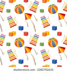 Seamless pattern of colorful children's toys. Balls, kites, cubes on a white background. Background, print, vector