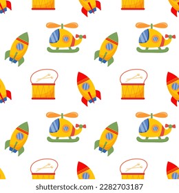 Seamless pattern of colorful children's toys. Rockets, helicopters and baby drums on a white background. Background for boys, print, vector