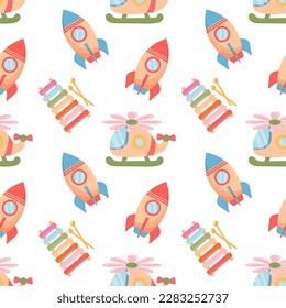 Seamless pattern of colorful children's toys. Rockets, helicopters on a white background. Background for boys, print, vector	