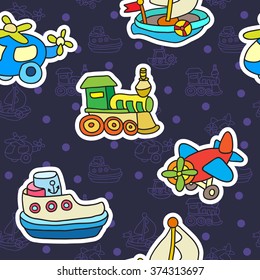 Seamless pattern with colorful childrens toys. Baby colorful transport stickers. Vector doodle collection