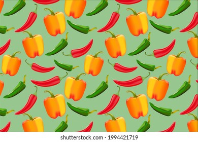 Seamless pattern of colorful chilies. Green color chilies , red color chilies and yellow color capsicum or bell pepper on pistachio color background.