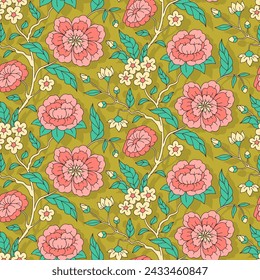 Seamless pattern with colorful chinoiserie hand drawn motifs. Floral wallpaper with chinese style ornament.