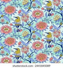 Seamless pattern with colorful chinoiserie hand drawn flowers and birds motifs. Floral wallpaper with chinese style ornament.