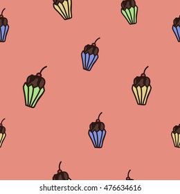 Seamless pattern with colorful chocolate cupcakes