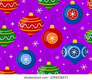 Seamless pattern with colorful Christmas balls on a purple background. New year's toys, decor for christmas tree, snowflakes. Pattern for New Year's wrapping paper, cards, decor, fabric.