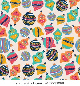 Patrón sin fisuras con coloridas decoraciones navideñas y brillo. Decoración festiva para la celebración del Año Nuevo. Diseño de invierno acogedor. Vector.