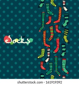 Seamless pattern with colorful christmas doodle hand drawn socks on polka dot background.