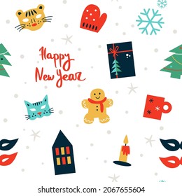 Seamless pattern with colorful Christmas elements: gingerbread man, masks, candles and presents. Vector design for fabric and paper, surface textures.