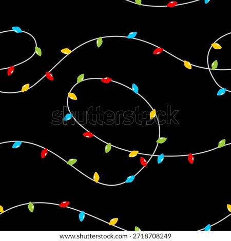 Seamless pattern with colorful Christmas lights on black background. Retro string lights inspired by 80s mystery horror. Minimalist glowing bulb design for festive and spooky decor.