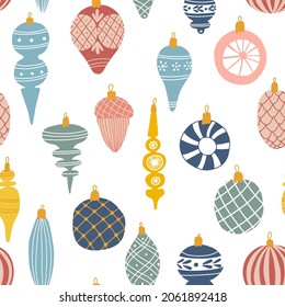 Seamless pattern with colorful Christmas ornaments. Holiday background