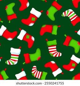 Seamless pattern with colorful Christmas socks on a green background. Vector season print. Hand-drawn illustration, not AI