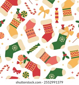 Seamless pattern with colorful Christmas stockings on white background. Holiday gift socks with candies, lollipops and candy canes. Vector flat illustration for wallpaper, textile, packaging