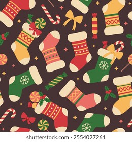 Seamless pattern with colorful Christmas stockings on brown background. Holiday gift socks with candies, lollipops and candy canes. Vector flat illustration for wallpaper, textile, packaging