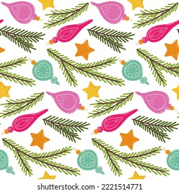 Seamless pattern with colorful Christmas toys, stars and fir branches. Traditional Christmas decoration. Vector illustration for print, backgrounds, wrapping paper and textiles.