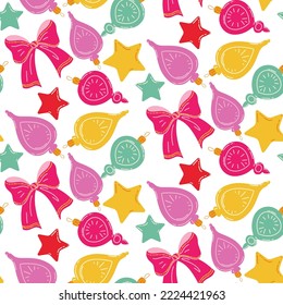 Seamless pattern with colorful Christmas toys, stars and bows. Traditional Christmas decoration. Vector illustration for print, backgrounds, wrapping paper and textiles. Happy holiday background.