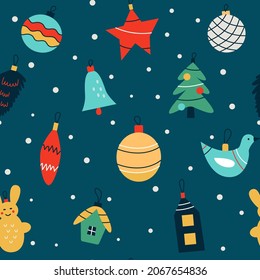 Patrón inmaculado con juguetes coloridos de árbol de Navidad. Diseño para tela y papel, texturas superficiales.