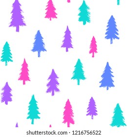 Seamless pattern with colorful Christmas trees isolated on white background. Winter forest wallpaper.
