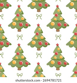 Nahtloses Muster, bunte Weihnachtsbäume mit Weihnachtsbällen auf weißem Hintergrund. Hintergrund, Druck.
