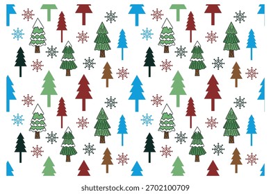 Seamless pattern of colorful christmas trees and snowflakes on