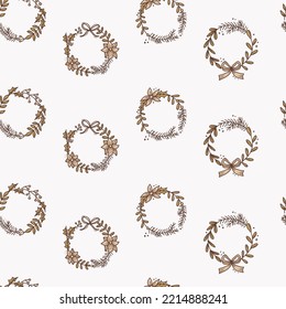 Seamless pattern of colorful christmas wreath and decorations on beige background. Doodle hand drawn style. Happy new year. Boho color.