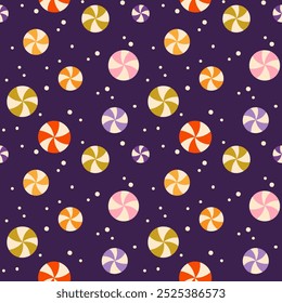 Seamless pattern with colorful circle candy on purple background. Design for textile, wrapper, wallpaper, backdrop.