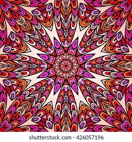 Seamless pattern with colorful circle ornament. Caleidoscopic hand drawn doodle lines.