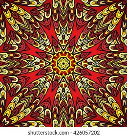 Seamless pattern with colorful circle ornament. Caleidoscopic hand drawn doodle lines.