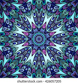 Seamless pattern with colorful circle ornament. Caleidoscopic hand drawn doodle lines.