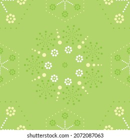 Seamless pattern with colorful of circle shape, beautiful white flowers on green background. Vector illustration.