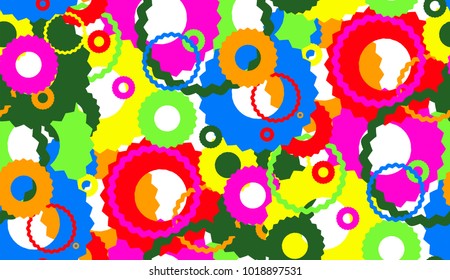 Seamless pattern. Colorful pattern from circles of different sizes on a white background. Vector background. Blue, indigo, red, yellow, orange