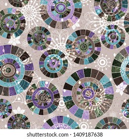 Seamless pattern with colorful circles and flowers on dotted background. Vector image eps 10