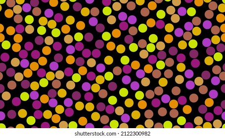 Seamless pattern with colorful circles on black background.