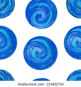 Seamless pattern with colorful circles on a white background. Blue spirals with colored pencils texture. Seamless pattern background with colored pencils effect. Seamless wallpaper in blue colors.