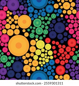 Seamless pattern with colorful circles on a black background. Vector illustration for designing prints on fabrics, packaging, covers and for interior decoration in a colorful abstract style