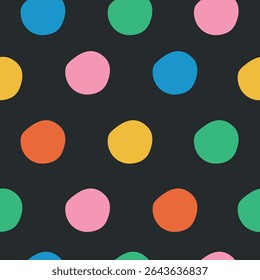 Seamless pattern with colorful circles on black background. Vector illustration.