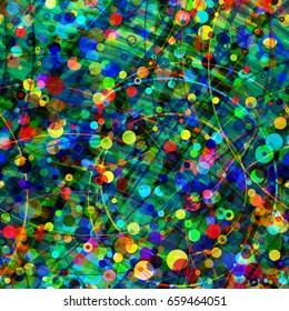 Seamless pattern Colorful circles on sea green background. Curved lines.