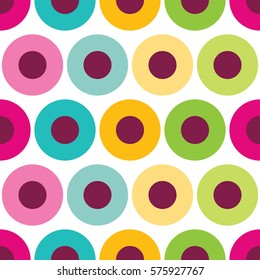 Seamless pattern with colorful circles. Perfect design for party background, holiday decoration or bright clothes. Easy to print on fabric and paper. Stock vector.