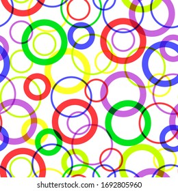 Seamless pattern with colorful circles and rings of different size. Abstract geometric shapes texture. Minimalistic composition for textile, web design, cards, background. Vector illustration