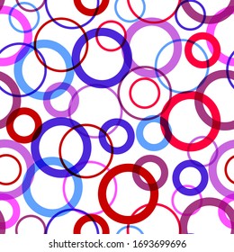 Seamless pattern with colorful circles and rings of different size. Abstract geometric shapes texture. Minimalistic composition for textile, web design, cards, background. Vector illustration