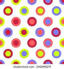 Seamless pattern with colorful circles and rings of different colors. Abstract geometric shapes texture. Minimalistic composition for textile, web design, cards, background. Vector illustration