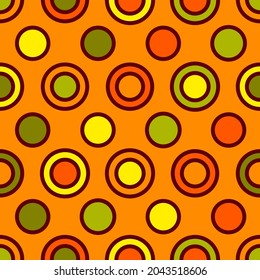 Seamless pattern with colorful circles and rings of different colors. Abstract geometric autumn design. Minimalistic composition for textile, web design, cards, background. Vector illustration