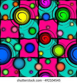 Seamless pattern colorful circles and swirls on a pink-turquoise and background in the cell. Vector abstraction.