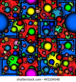 Seamless pattern colorful circles and swirls on a blue-red background in the cell. Crazy contrast. Vector abstraction.