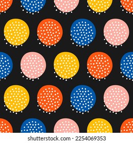 Seamless pattern with colorful circles and white dots with black background