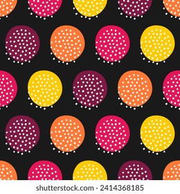 Seamless pattern with colorful circles and white dots with black background