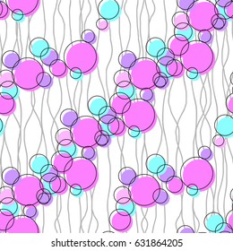 Seamless pattern from colorful circles.Multicolored bubbles against wavy lines. A simple drawing, flat style. Universal print for fabric, wallpaper, textiles, curtains. Vector illustration EPS 8