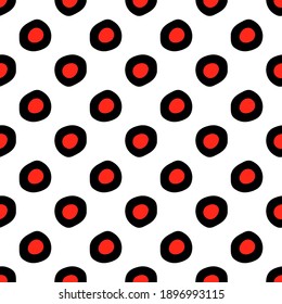 Seamless pattern of colorful circular geometric shapes black outline with a bright red color inside the core on a white background located in a strict geometric distance easily changeable background c