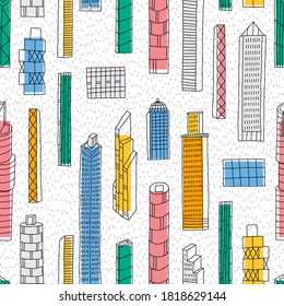 Patrón inmaculado de ciudad colorida. Fondo vectorial creativo para tela, textil, papel tapiz de vivero. Ciudad dibujada a mano.